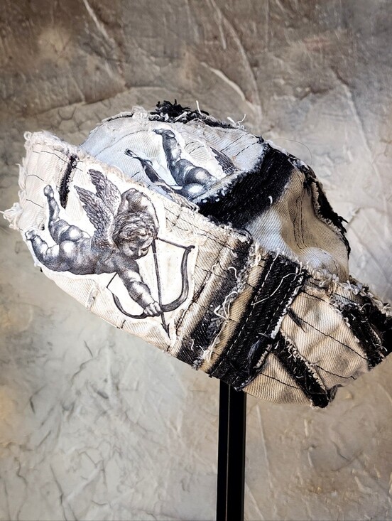 Designer Sailor Hat Dyed Distressed Denim Cupid Angel Print Logo Patch